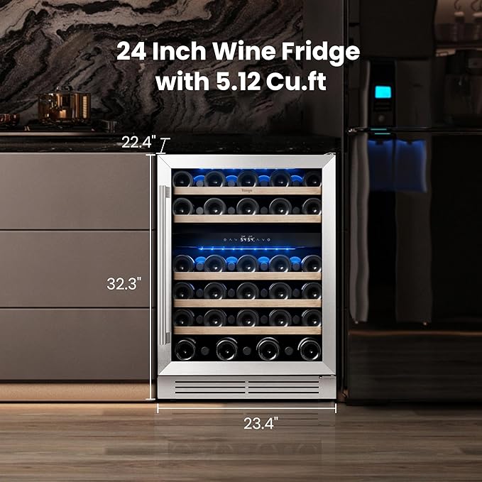 Yeego 24 Inch Wine Fridge Cooler - 52 Bottles Dual Zone Wine Cooler with Glass Door, 40-65℉ Built-In or Freestanding Refrigerator, Under Counter Wine Fridge for Kitchen Bar Office (Left-Hinged)