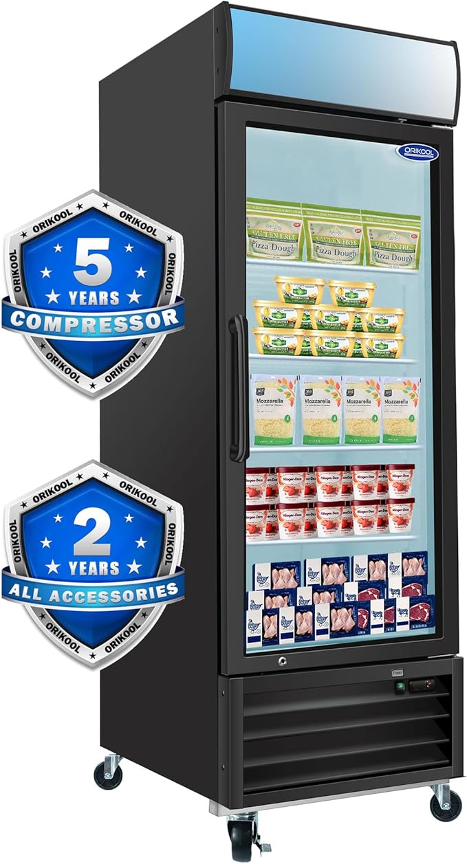 Glass Door Merchandiser Freezer 19.2 Cu.ft Swing Door Commercial Reach-In Display Freezers with LED Top Panel Upright Freeze Storage (1 Door)