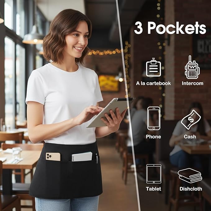 BOHARERS Waist Apron with 3 Pockets - Black Waitress Waiter Server Short Aprons