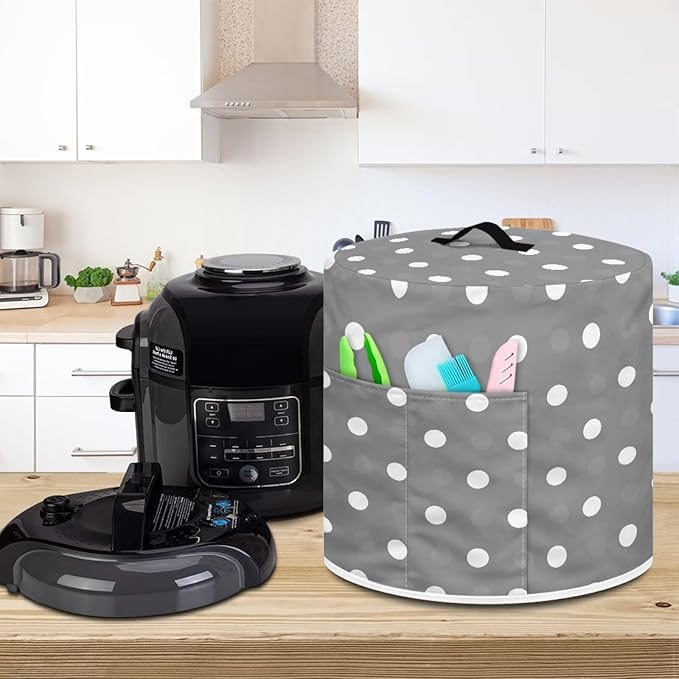 Small Appliance Covers for Air Fryer & Electric Rice Cooker, Grey Polka Dot Pressure Cooker Dust Covers for Kitchen Appliances 6 qt Accessories with Storage Pockets