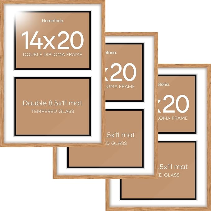 Homeforia 14x20 Double Diploma Frame Wood, High End Natural Oak 14 x 20 Wooden Certificate Frame with Dual Mat for 8.5 by 11 Diplomas, 20x14 Award Graduation Frames, Tempered Glass, Wall Kit, Set of 3