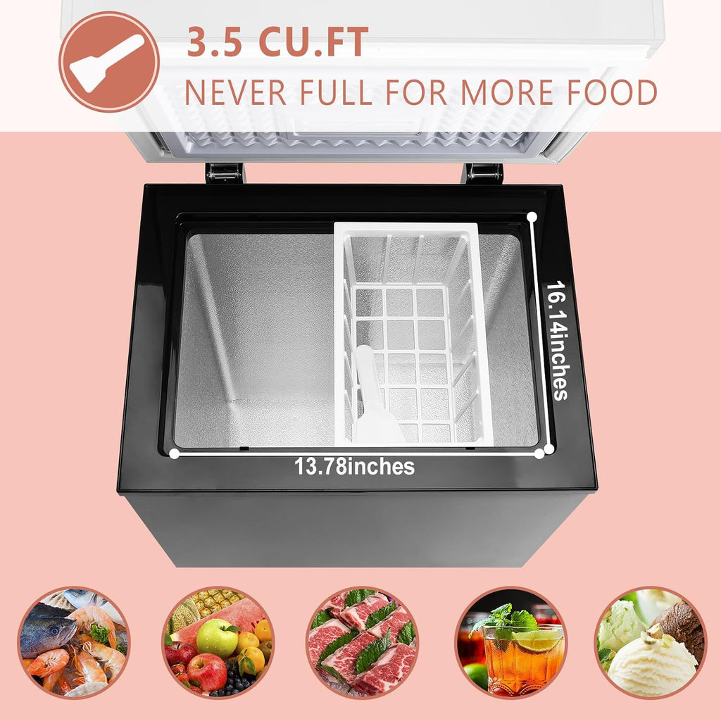 3.5 Cu.Ft Compact Chest Freezer with Removable Basket, Top Door Open Freestanding Deep Freezer with 7 Gears Temperature Adjustment, Ideal for Home, Kitchen & Office, Black