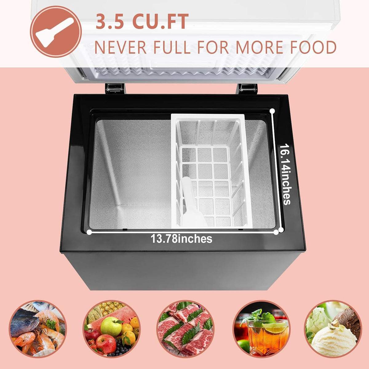 3.5 Cu.Ft Compact Chest Freezer with Removable Basket, Top Door Open Freestanding Deep Freezer with 7 Gears Temperature Adjustment, Ideal for Home, Kitchen & Office, Black