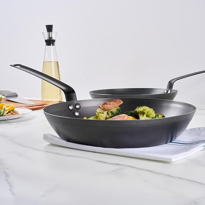 Met Lux 12 Inch Fry Pans, 6 Lightweight Frying Pans - Induction-Ready, Triple-Riveted, Black Carbon Steel Cooking Skillets, Durable, For Searing, Sauteing, And Browning Food - Restaurantware