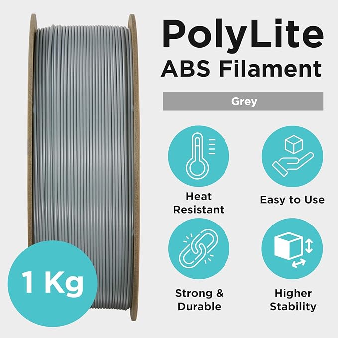 Polymaker ABS Filament 1.75mm Grey, 1kg 3D Printing Filament, PolyLite ABS 3D Printer Filament, Heat Resistant, Strong & Durable, Dimensional Accuracy +/- 0.03mm