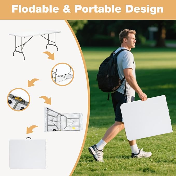 Folding Table 6ft, Heavy-Duty 500lbs Weight Capacity Foldable Table with HDPE Top & Steel Legs, Portable 6 Foot Picnic Table for Indoor Outdoor Parties, Camping, Event