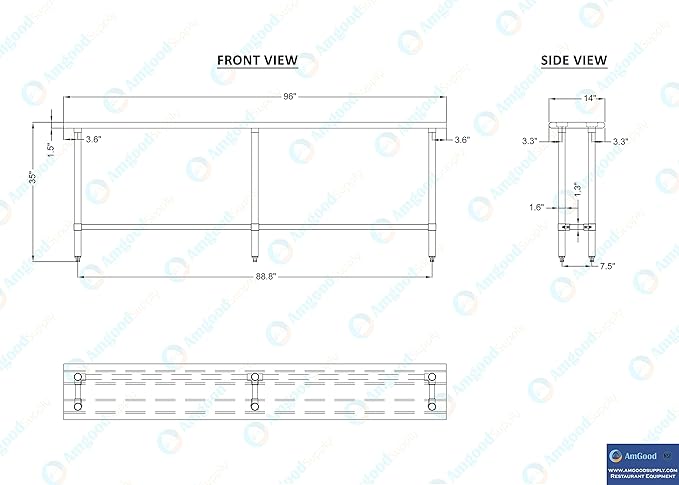 AmGood Stainless Steel Work Table Open Base | NSF Kitchen Island Food Prep | Laundry Garage Utility Bench (96" Long X 14" Deep)