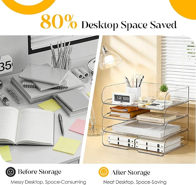 HIYOHIYO 4 Tier Clear A4 Paper Organizer, Acrylic Desktop Organizer for A4 File, Stackable Papers Tray for Office, Large Capacity Desk Letter Holder, Stackable Paper Storage Rack, Horizontal Style