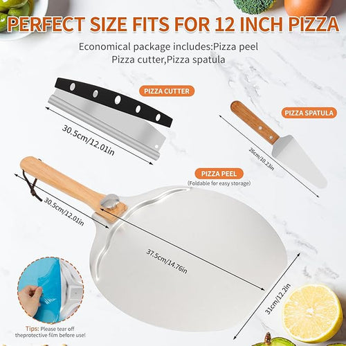 12"x14" Aluminum Pizza Peel Set- Pro Pizza Paddle & Pizza Spatula with Foldable Wooden Handle & Rocker Cutter Compatible with Ninja/ooni, Complete Pizza Oven Accessories for Baking Bread/Dough/Pastry