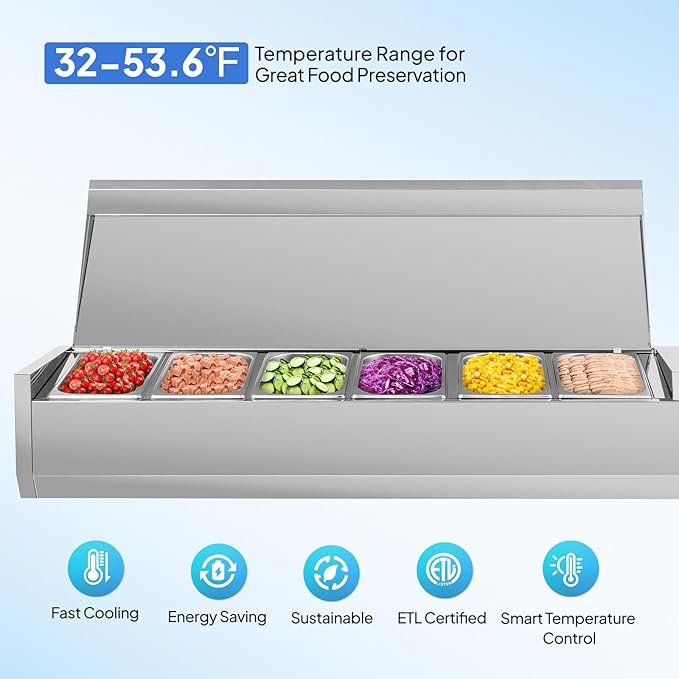 ROVSUN Refrigerated Condiment Prep Station, 59" Sandwich Prep Table ETL NSF, 34.2QT Salad Bar Prep Rail w/Auto Defrost, Temp Control, Stainless Steel Cover & 6 * 1/3 Pan for Restaurant Food Truck