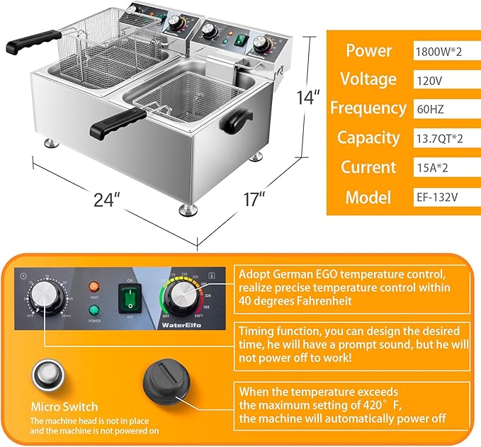 Deep Fryer Commercial Deep Fryers With Basket13Lx2 13.7Qt x 2 Thicken With Precise Temperature Control Timer Double Deep Fryer With 2 Baskets1800Wattsx2 120V Countertop Fryer Restaurant