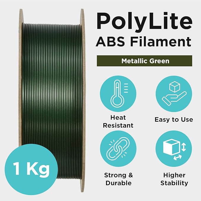 Polymaker Metallic ABS Filament 1.75mm Metallic Green, 3D Printer Filament 1.75mm Heat Resistant 1kg - PolyLite ABS 3D Printing Filament 1.75mm, Strong & Durable, Dimensional Accuracy +/- 0.03mm
