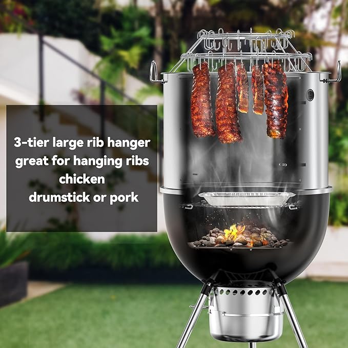 Charkettle Stainless Steel Grill Smoking Kit, with 3-Tier Rib Hanger and Openable Door, Compatible with Weber 22 inch Kettle Grills - Convert Your Kettle into Smoker