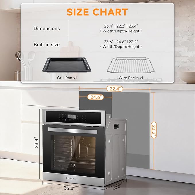 Wall-Oven-Single-Wall-Oven: AMZCHEF 24 inch Electric Wall Oven with 10 Functions, 2.5 Cu.Ft. Convection Wall Oven with Upgraded Control Panel, 2800w, 220V, Touch Control, Timer, Safety Lock