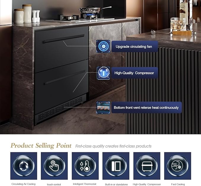 24' mini fridge Under Counter Double Drawer Beverage Refrigerator, Indoor & Outdoor Fridge for Patio, Kitchen & Bar, Weatherproof, Black