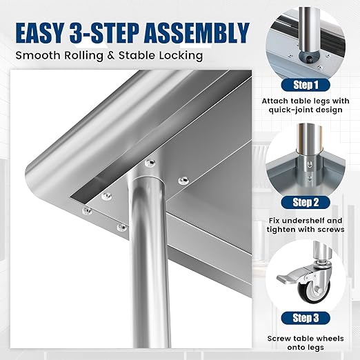 Stainless Steel Work Table with Wheels, 24x60 Inch NSF Kitchen Prep Table with 2 Adjustable Undershelves for Commercial Restaurant, Garage, Outdoor BBQ