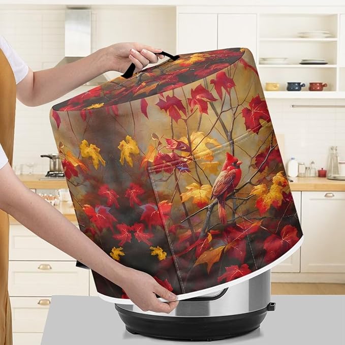 Xoenoiee Cardinal Bird Kitchen Appliance Dust Cover with Pockets, Maple Leaf Print Electric Pressure Cooker Cover Compatible with Crock Pot, Rice Cooker Covers Fall Decor, for 6 Qt Pot