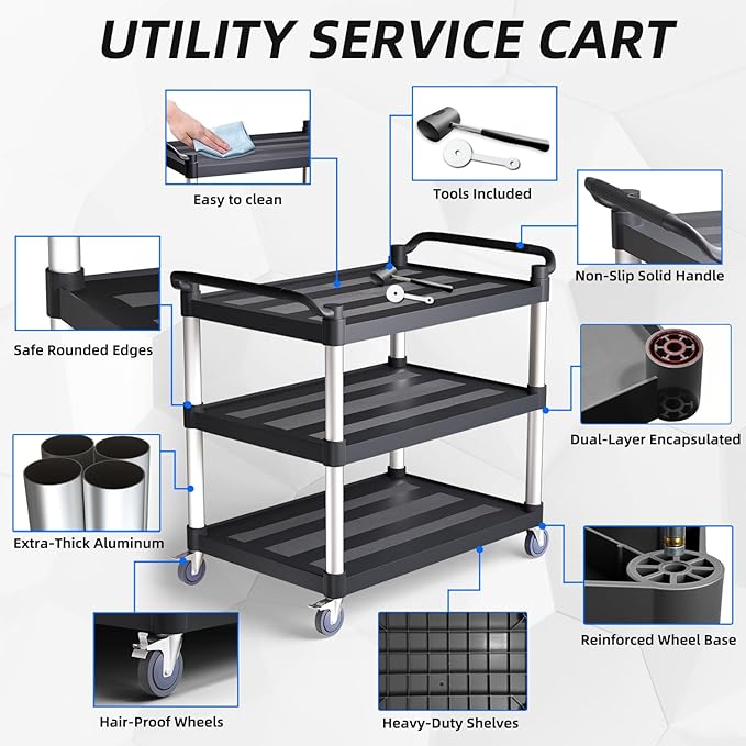 Utility Cart with Tangle-Free Wheels, Large Size 3 Tier Rolling Service Cart with Wheels(2 with Brakes), Heavy Duty 450 Lbs Capacity,Commercial Serving Cart for Home, Office, Restaurant, Warehouse.