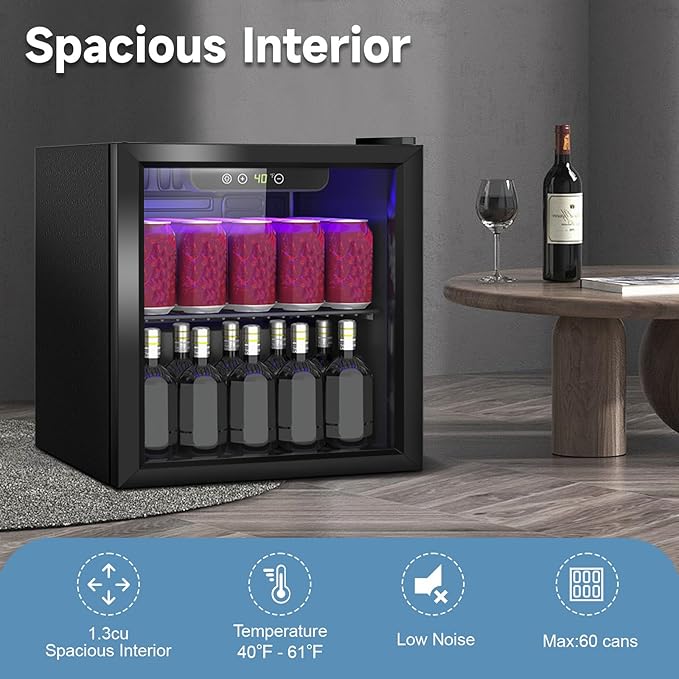 Stopasd Beverage Refrigerator Cooler, 1.3 Cu.Ft/60 Can Drink Fridge with Adjustable Shelves & Glass Door for Soda Wine Beer, Quiet Undercounter Small Fridge for Home/Office/Bar/Garage(40-61 ℉), Black