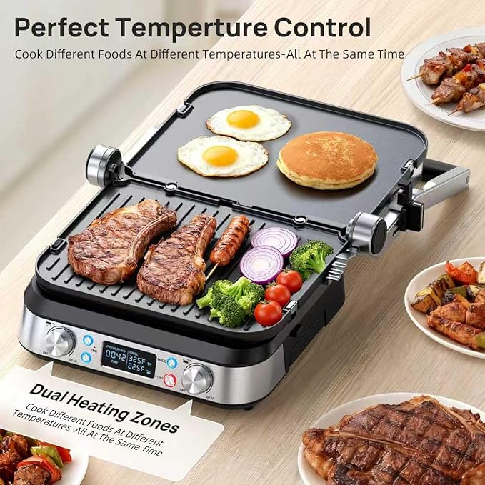 6-in-1 Griddle and Indoor Grill, 14’’ Electric Grill, For Steak, Burger, Eggs, Smokeless Pancake Griddle, Nonstick Removable 450°F Dual Adjustable Grill Plates, 90-Minute Timer, Dishwasher Safe