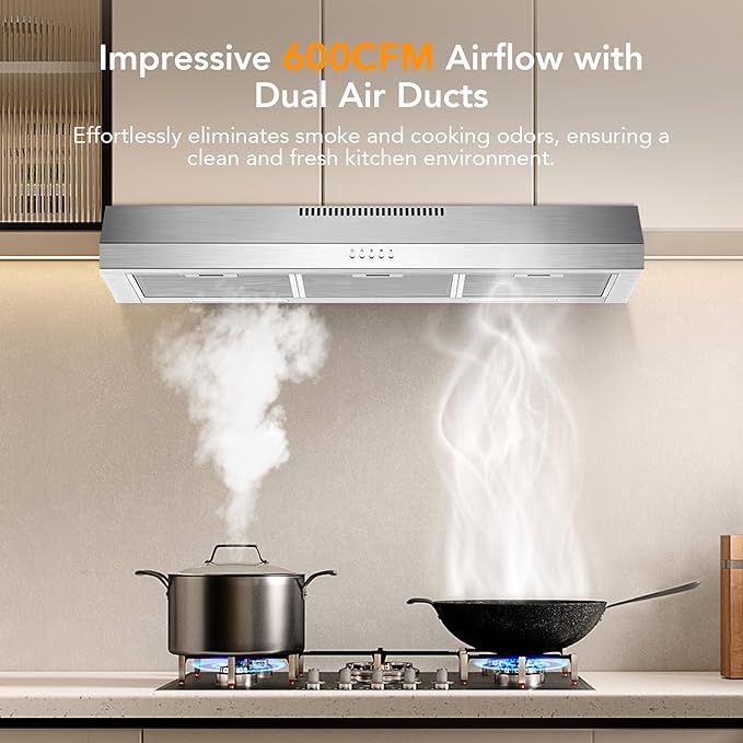 Range Hood 36 Inch Under Cabinet, 600 CFM Ducted/Ductless Vent Hood for Kitchen with Wide Coverage, Stove Vent with Bright LED Lights, Reusable Filters and 3 Speed Exhaust Fan