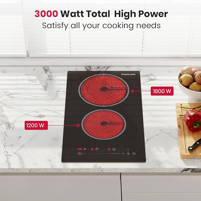 GASLAND 12 Inch Electric Cooktop 2 Burner ETL Certified, 3000W Built-in Electric Radiant Glass Stove Top with 16 Power Levels, 240V Ceramic Hob, Keep Warm, Slide Touch Control & Timer