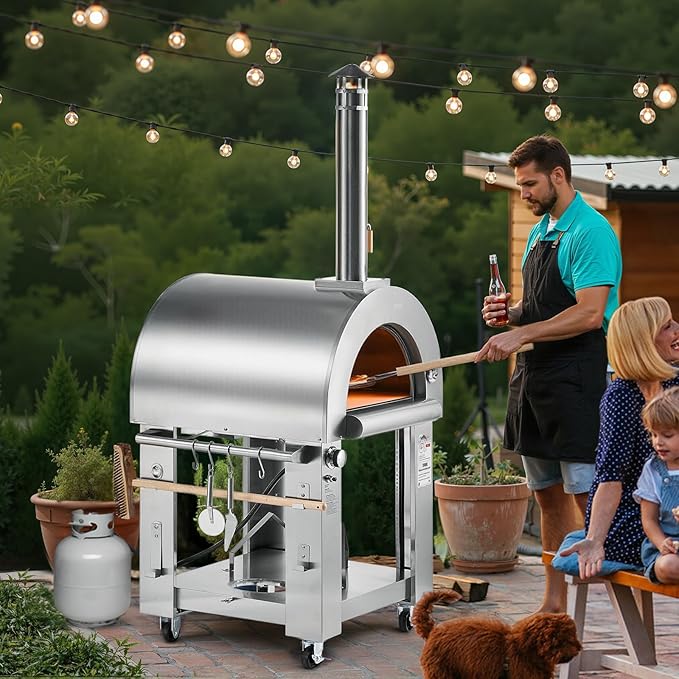 VEVOR Dual Fuel Giant Pizza Oven Outdoor, 26" Artisan Large Pizza Ovens, Pellet & Propane Gas Kiln Pizza Maker with Wheels, Pizza Stone, Multi Fuel Cooker for Camping & Backyard