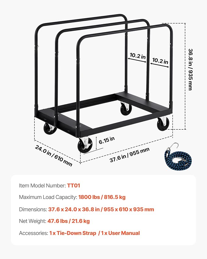 VEVOR Folding Table Cart, Heavy Duty Table Dolly 1800 lbs, Steel Panel Truck Cart with 5 inch Swivel Casters, Lumber Drywall Dolly with Straps for Party Events, Hotel, Factory, Warehouse