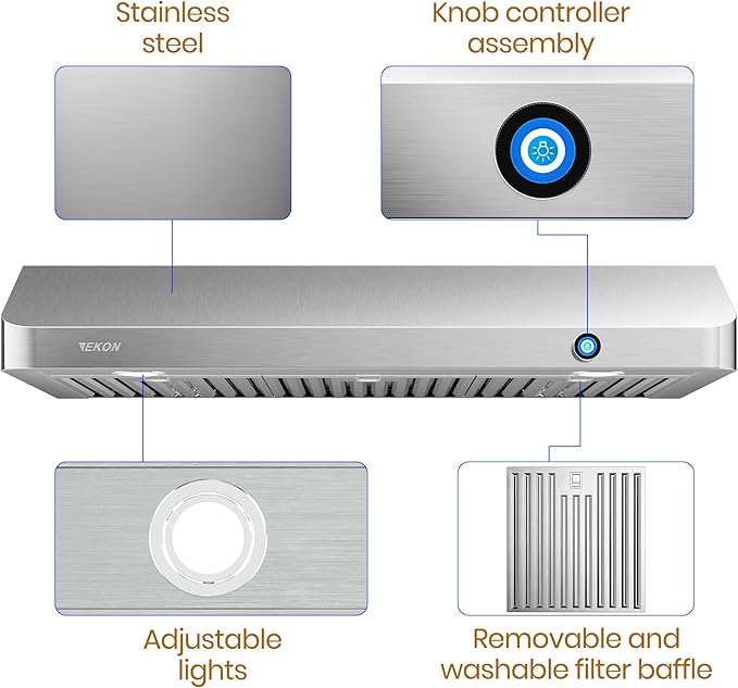 EKON 30 inches Under Cabinet Range Hood, 900 CFM Stainless Steel Kitchen Chimney Vent, 4 Speed Touch Screen Control With Remote 2Pcs 3W LED Knob Control