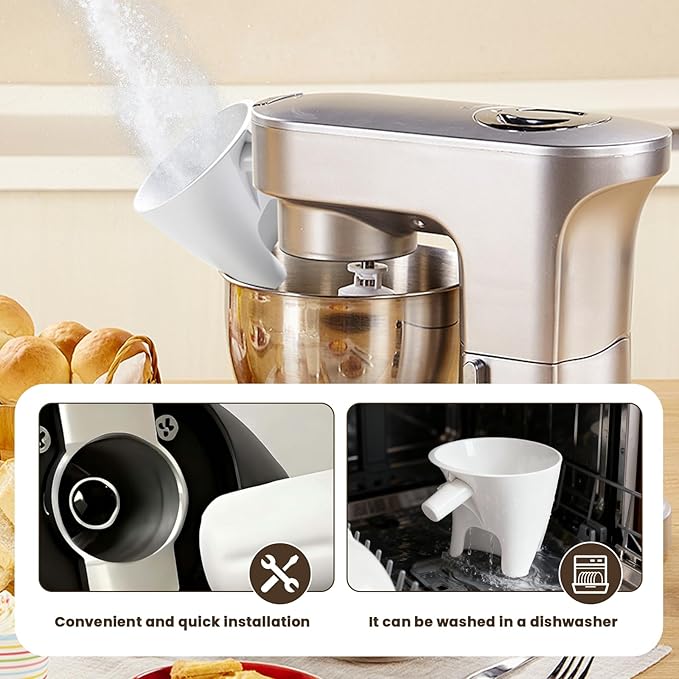 2 Pcs Flour Funnel for Kitchen Aid Mixer, for Kitchen Aid Artisan Ksm150 5-Quart Tilt-Head Stand Mixer, Plastic Powder Funnel ，for Liquid and Both Flour, Prevents Spills and Messes(White)