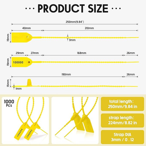1000 Pcs Plastic Tamper Seals Fire Extinguisher Tags Security Tags Seals Safety Numbered Zip Ties Labels Safety Disposable Self Locking Signage 250 mm Length (Yellow)