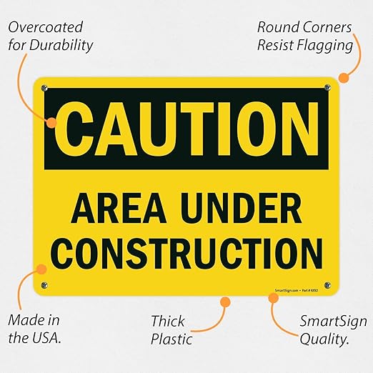 SmartSign - U9-1377-NP_10x14 "Caution - Area Under Construction" Sign | 10" x 14" Plastic Black on Yellow