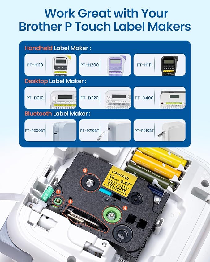Replacement for Brother P Touch Label Tape Yellow TZe-631 TZe631 TZe TZ Tape 12mm 0.47 Laminated Black on Yellow Label Maker Tape for PT-D210 PT-D200 PT-D220 PT-H110, 1/2 Inch x 26.2 feet, 4-Pack