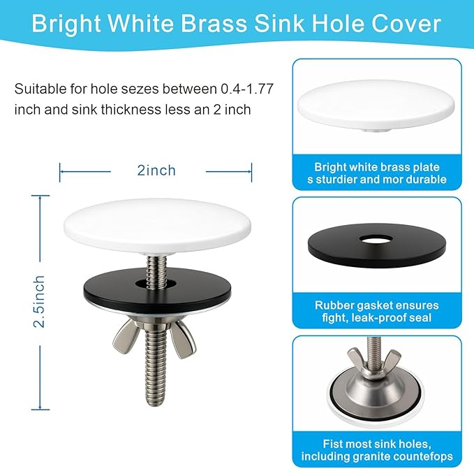 2 Inch Faucet Hole Cover, Solid Brass Kitchen Sink Hole Cover, Bright White Finish Sink Caps for Top Holes, Kitchen and Bathroom Sink Sprayer Hole Cover (White)