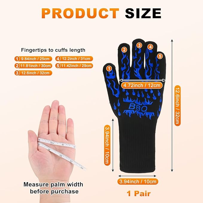 1-Pair BBQ Gloves, 1472°F Heat Resistant Non-Slip Grilling Oven Gloves for Barbecue/Baking/Cooking [L Size, Blue]