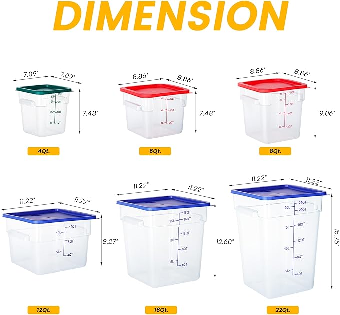 4 Pack Food Storage Containers, 8 Quart with Lids, Square Commercial Containers with Scale, NSF, Polycarbonate, Clear