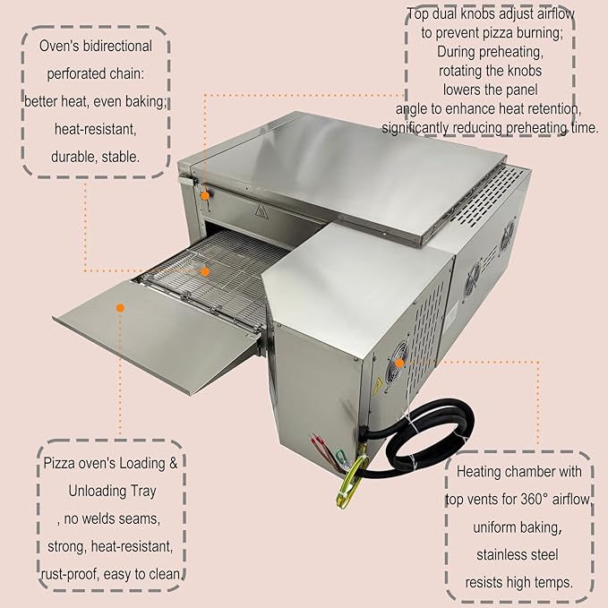 Conveyor Pizza Oven 32~572°F Commercial Conveyor Belt Hot Air Pizza Oven with 360° Circulating Fan Baking Electric Oven for Pizzerias, Cafes, and Fast-food Restaurants AC220V 3PH