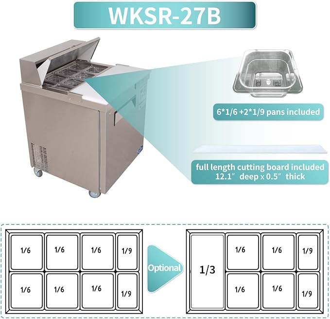 WESTLAKE 27" W Refrigerator Sandwich & Salad Prep Table Commercial Stainless Steel Counter Fan Cooling Refrigerator with 8 Pans-27 Inches for Restaurant, Bar, Shop, etc