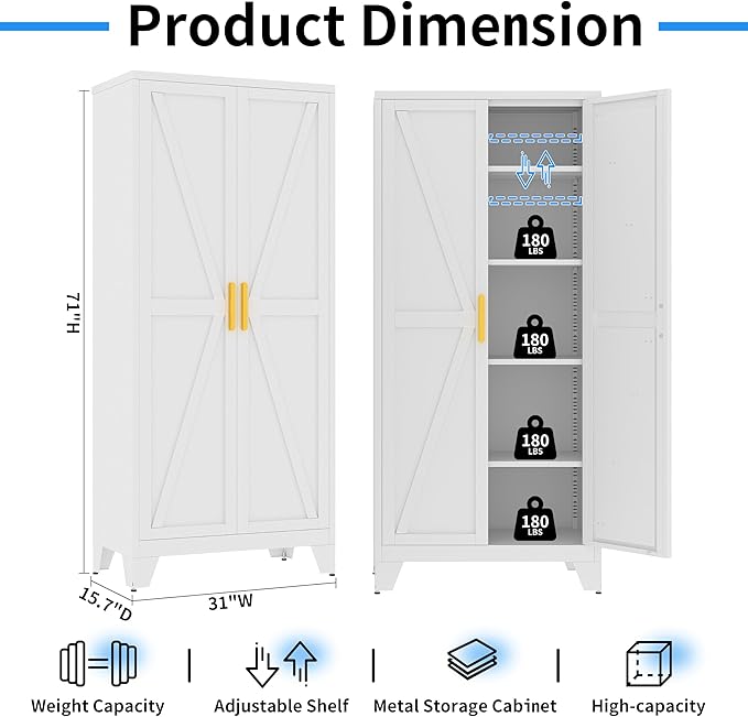 71" Tall Pantry Cabinet, White Metal Pantry Storage Cabinet, Kitchen Pantry Storage Cabinets with 2 Door and 4 Adjustable Shelves (White, 71" Modern)