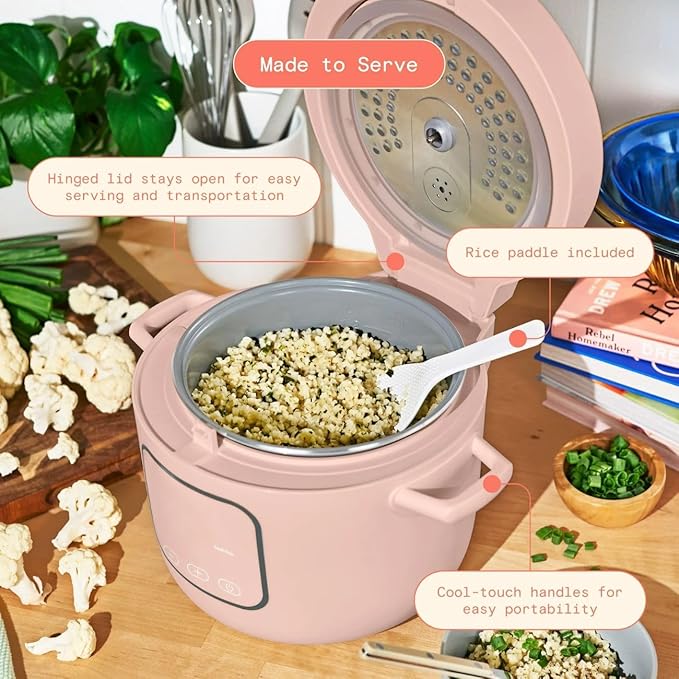 Beautiful 14-Cup Electric Rice & Grain Cooker, Ceramic Nonstick, 8 Presets, Slow Cook, Steamer Tray (Rose)