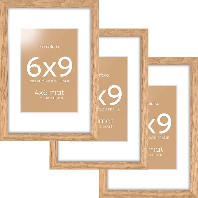 Homeforia 6x9 Picture Frame Natural Wood, High End Oak 6x9 Light Wooden Frames with Mat 4x6 for Photo, 6 x 9 Frame Matted to 4 x 6 Print, 9x6 Wall or Tabletop Frame, Tempered Glass, Wall Kit, Set of 3