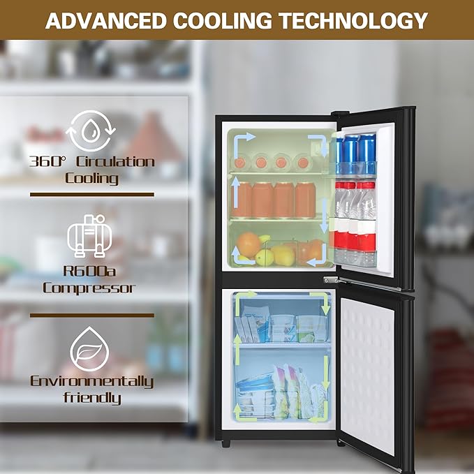 Small Refrigerator with Freezer for RV 4.2 Cu. Ft. Mini Fridge with Bottom Freezer, 7-Level Temperature Control Dorm Fridge for Kitchen, Office, Apartment, Black