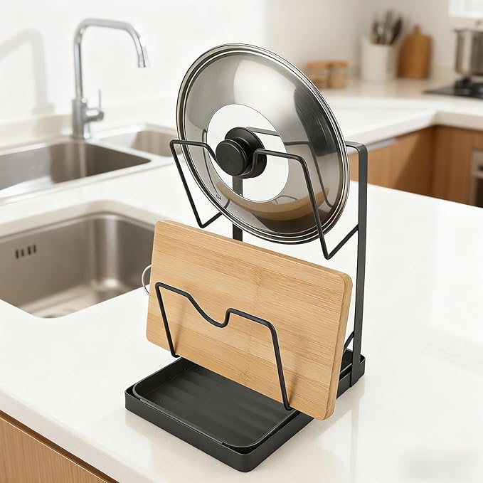 Pot Lid Holder, Multifunctional Kitchen Pot Lid Cover Organizer Rack Spoon Rest with Removable Drip Tray Pan Storage While Cooking for Countertop Organization