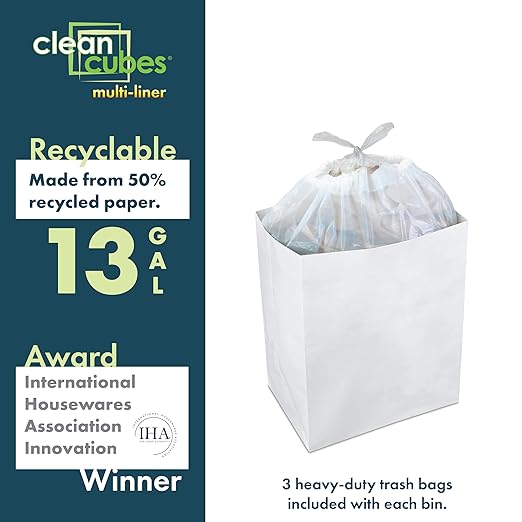 13 Gallon Disposable Pop-Up Trash Cans (3-Pack, Multi-Liner) with Fitted Bags – Foldable Garbage & Recycling Bins for Parties, Events & Kitchen (White, 17" H x 13.5" W x 10" D)