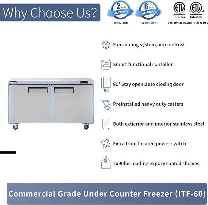ICECASA 60" W Commercial Freezer Worktop Undercounter Double Door Stainless Steel Counter Fan Cooling Freezer 16.4 Cu.ft for Restaurant, Bar, Shop, etc