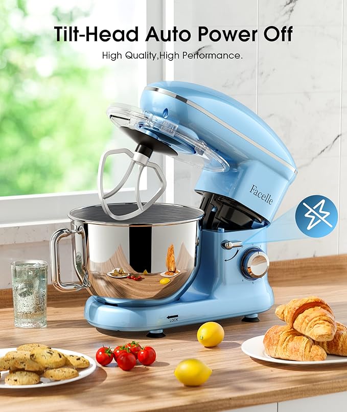Facelle Stand Mixer, Electric Kitchen Mixer, 660W 6 Speed Tilt-Head stand mixer with Pulse, Attachments include 6.5QT Bowl, Dishwasher Safe Beater,Dough Hook,Whisk for Dough,Baking,Cakes,Cookie-Blue