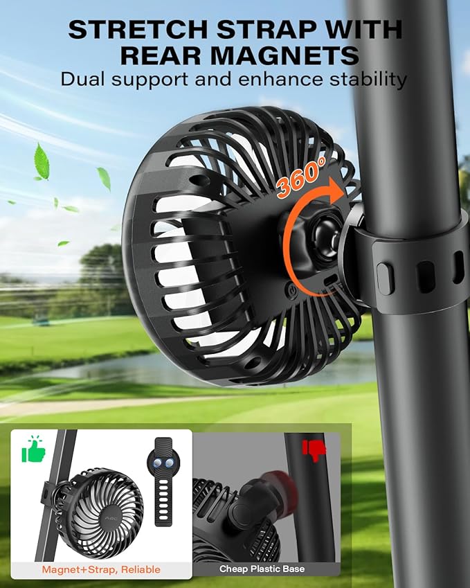 A2C Rechargeable Golf Cart Fan, 3 Speed Settings, 360° Rotation, Portable 4000mAh Battery Cooling Fan for EZGO, Club Car, Yamaha, Forklifts, Lawn Mowers, Fits 0.5"-1.5" Bars