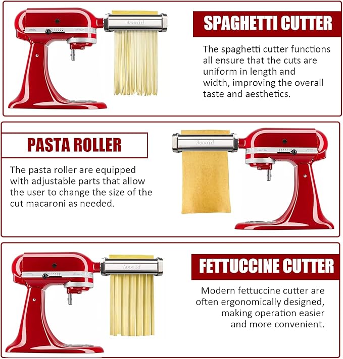 Pasta Roller & Spaghetti Cutter, Fettuccine Cutter Attachment for Kitchenaid Stand Mixer，3 Pcs Stainless Steel Pasta Maker Accessories By Aooaid