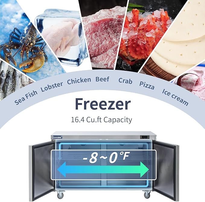 ICECASA 60" W Commercial Freezer Worktop Undercounter Double Door Stainless Steel Counter Fan Cooling Freezer 16.4 Cu.ft for Restaurant, Bar, Shop, etc