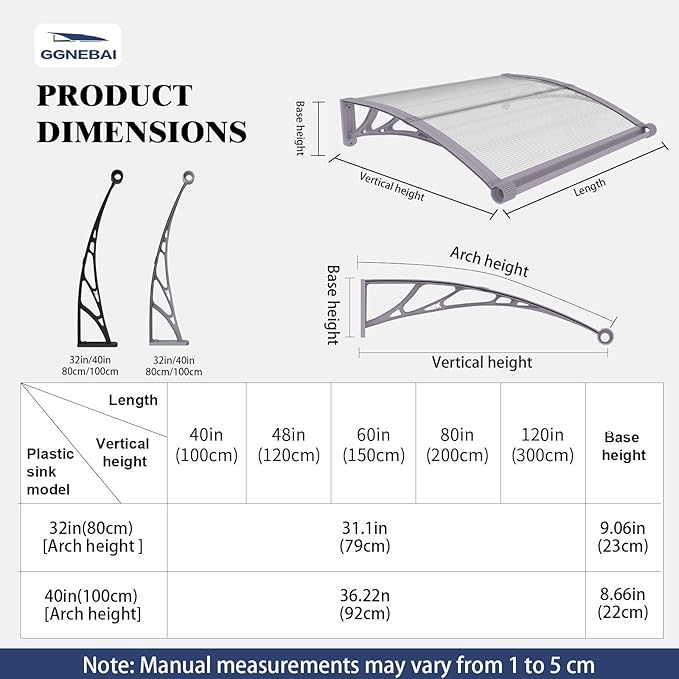 Awning for Door Entrance with Drainage Sink,32x120 Inch Awnings for Doors,Window Canopy Exterior with Plastic Steel Bracket,Polycarbonate Cover,UV,Rain,Snow Protection for House,Porch,Patio,Deck